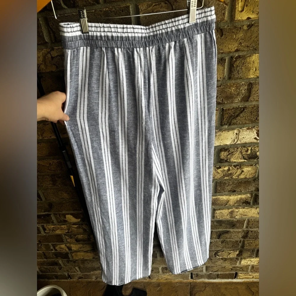 ZARA Linen Blend Striped Wide Leg Pants Blue White Drawstring Size M